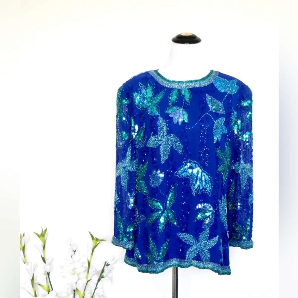 Vintage Jacqueline Ferrar 100% Silk Beaded Sequin Floral Blouse Blue Size 14